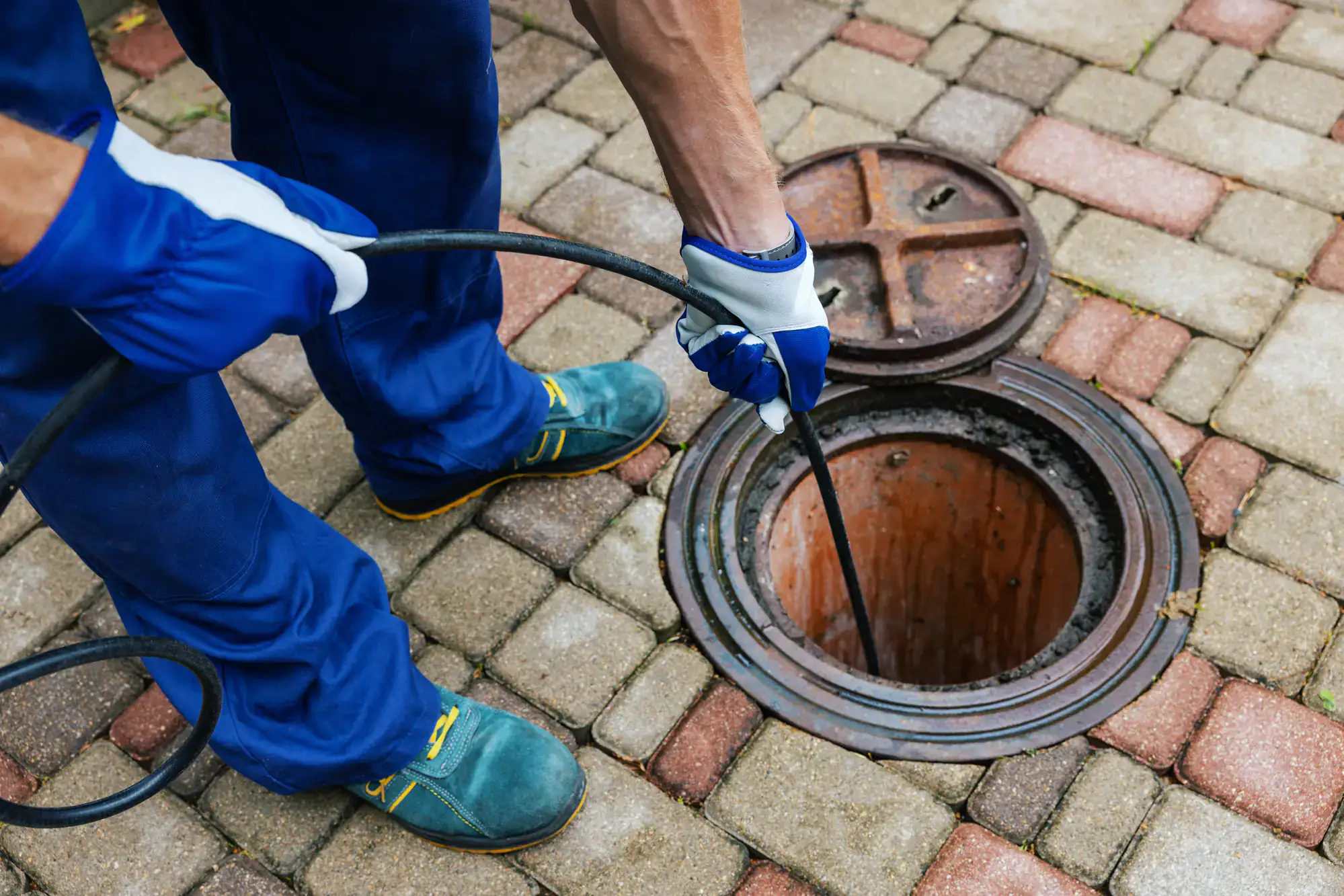 A plumber El Dorado County, CA wearing blue gloves and work boots is cleaning or inspecting a drain or sewer opening on a paved surface using a black hose or cable, with the round metal drain cover open nearby.