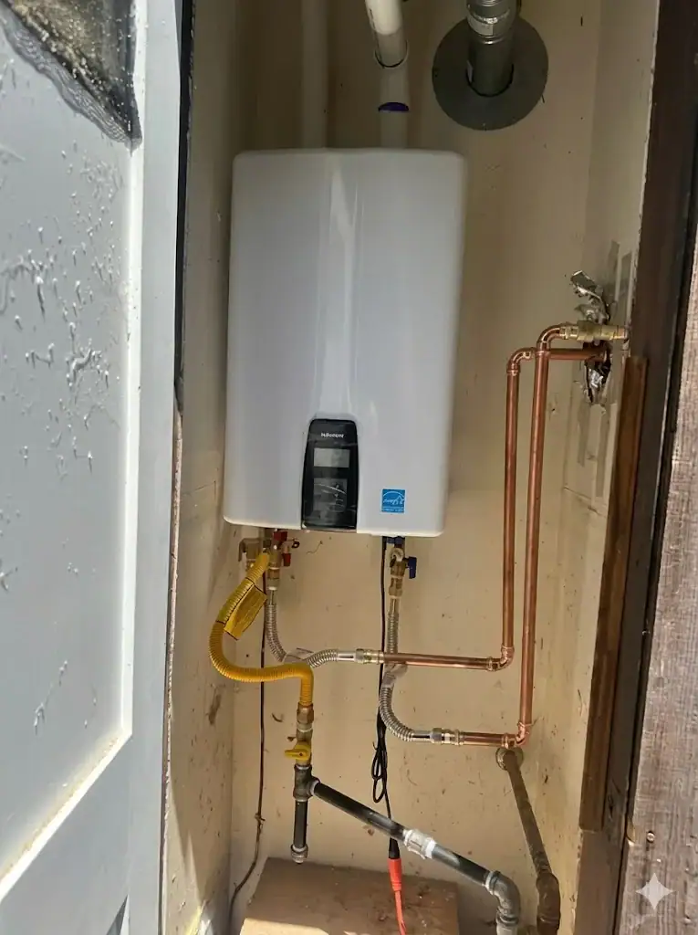 Tankless water heater installed inside a residential closet in El Dorado County, CA home